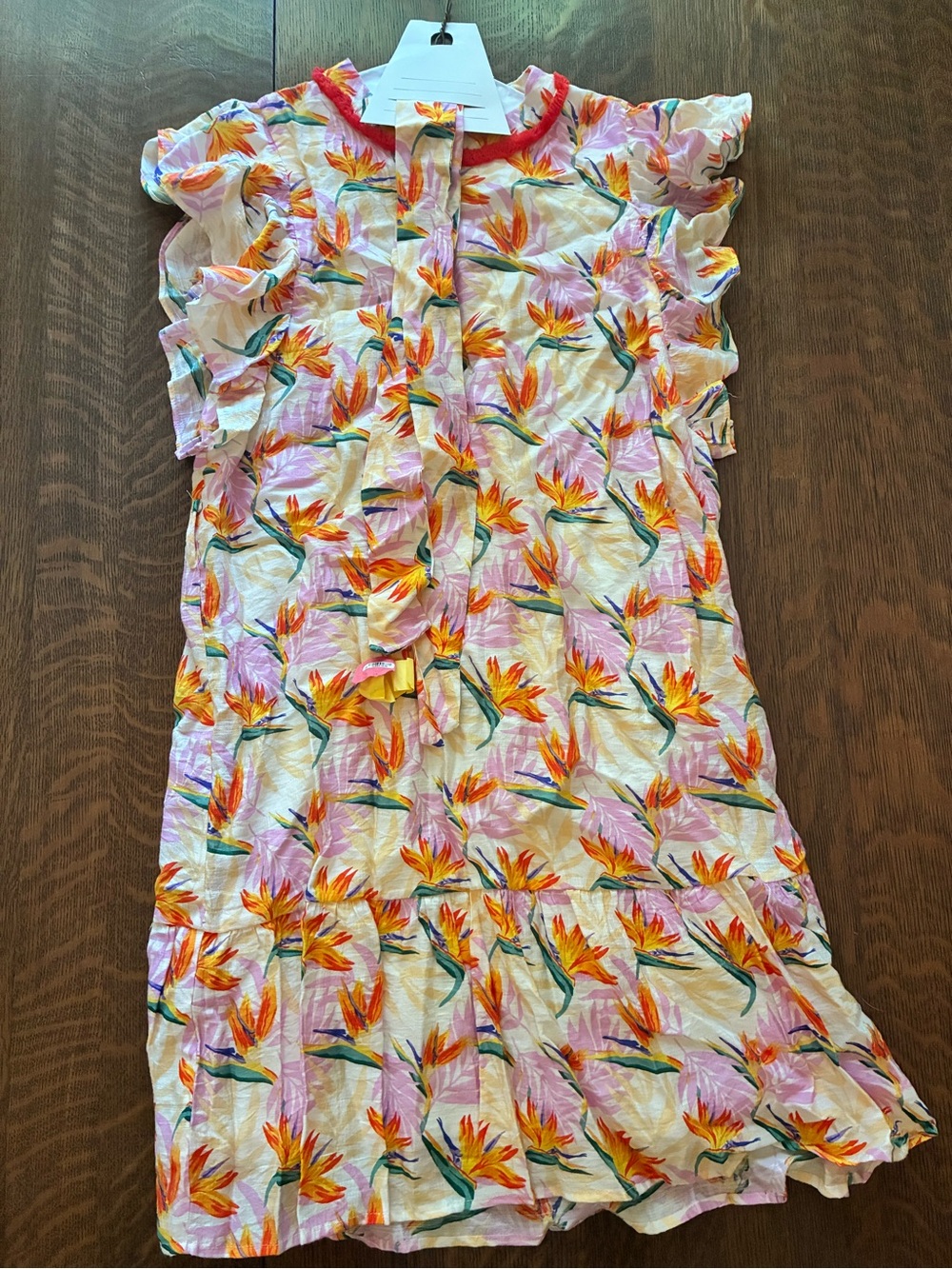 THML Floral Ruffle Casual Dress in White with Orange, Pink & Green Accents